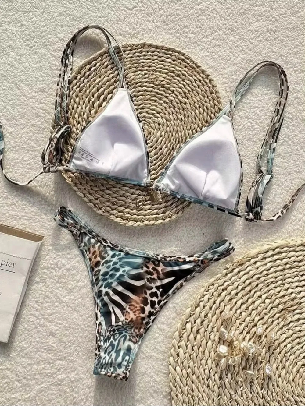 SHEIN Blue & Brown Leopard Print Bikini with Gold Jewelry Charms size XS